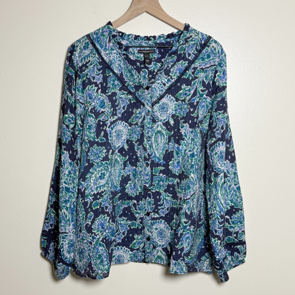 Isaac Mizrahi Womens XL Paisley Button Front Blouse Navy Green Lace‎ Trim Office
